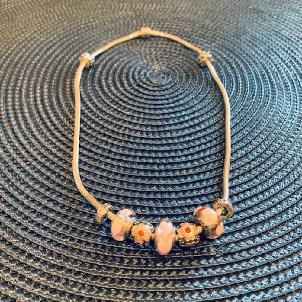 Pandora Necklace with Pink flower themed beads